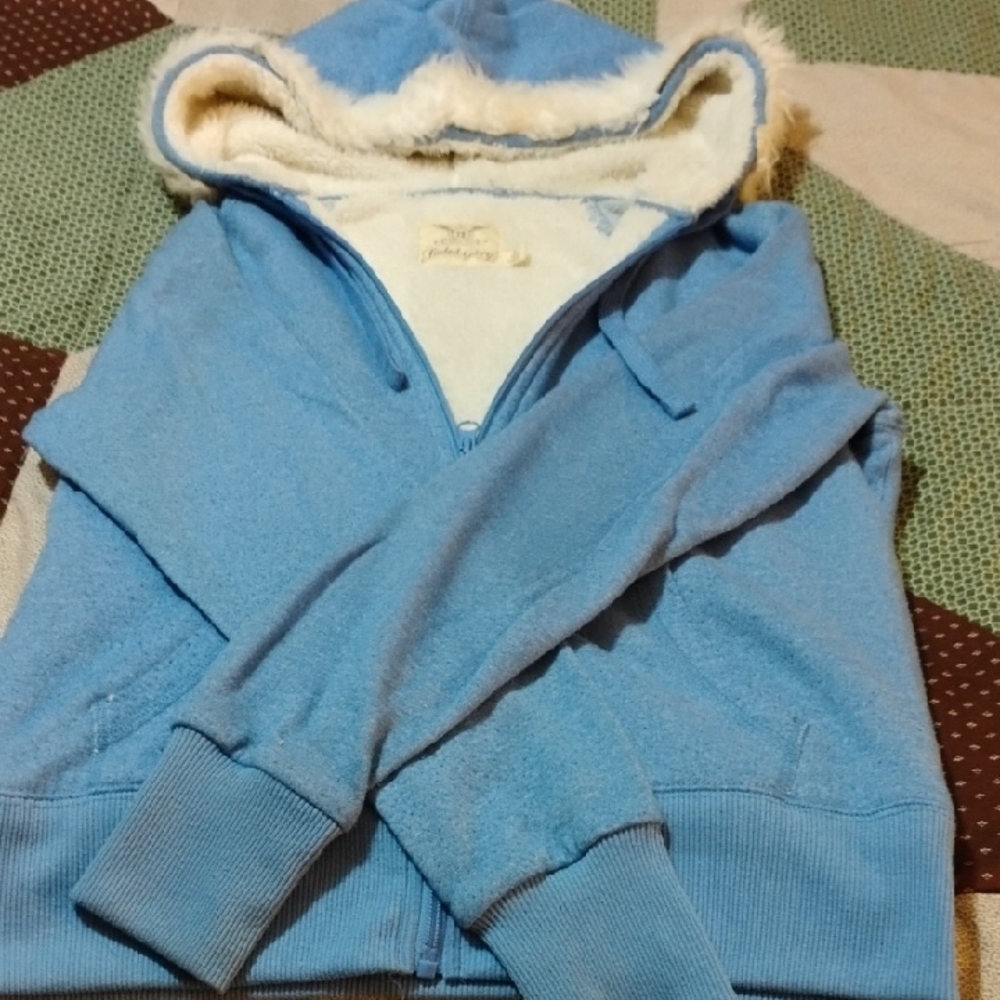 Faded Glory Cream and Blue Hooded Jacket